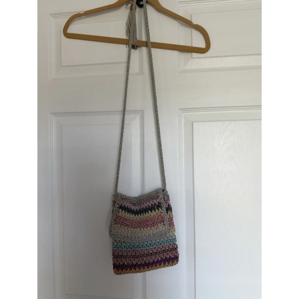 The Sak Rainbow Stripe Crochet Crossbody Boho Bag Vtg Fall Harvest Earth Tones